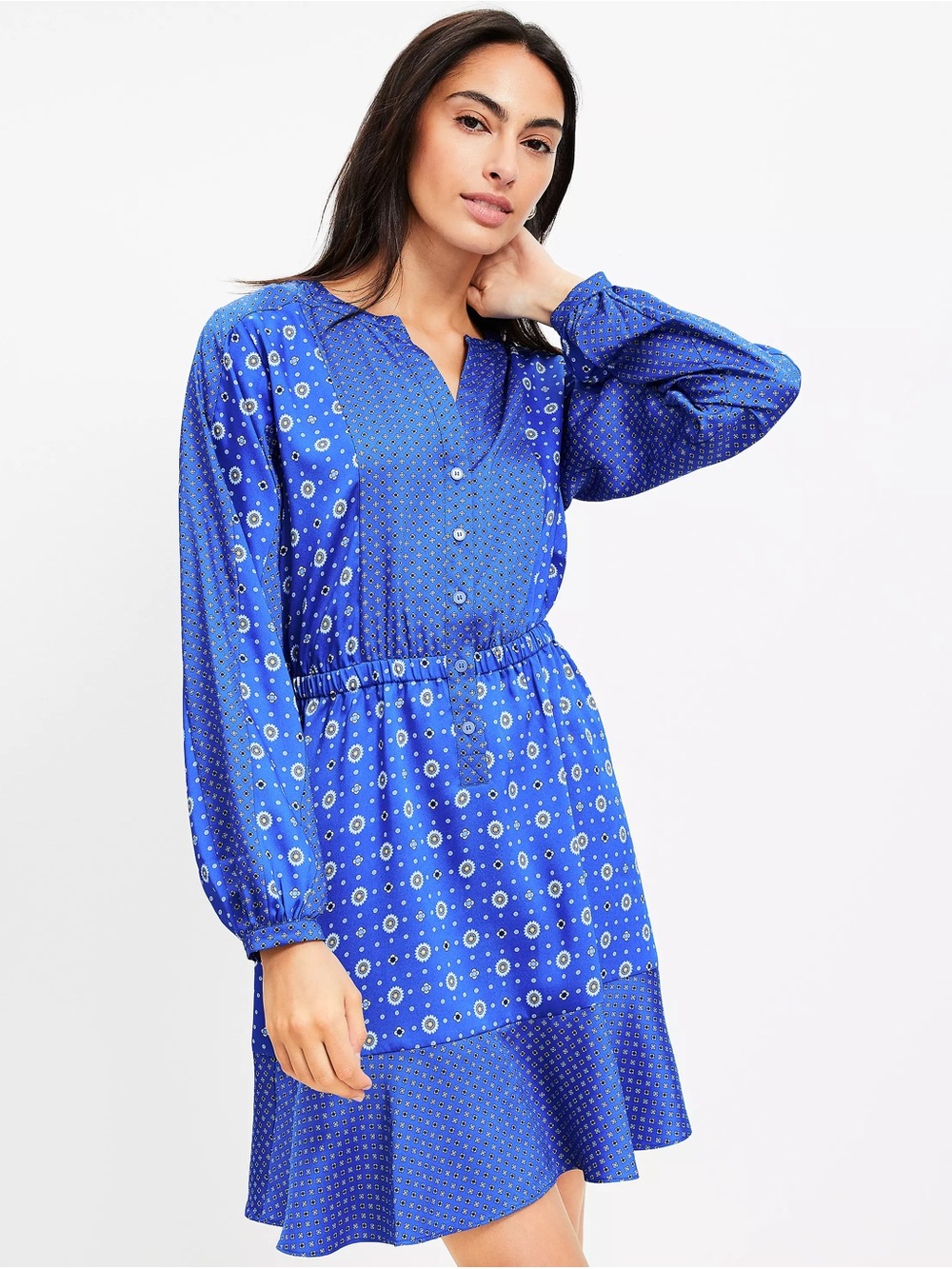 LOFT Royal Blue Printed Long-Sleeve Shirt Dress